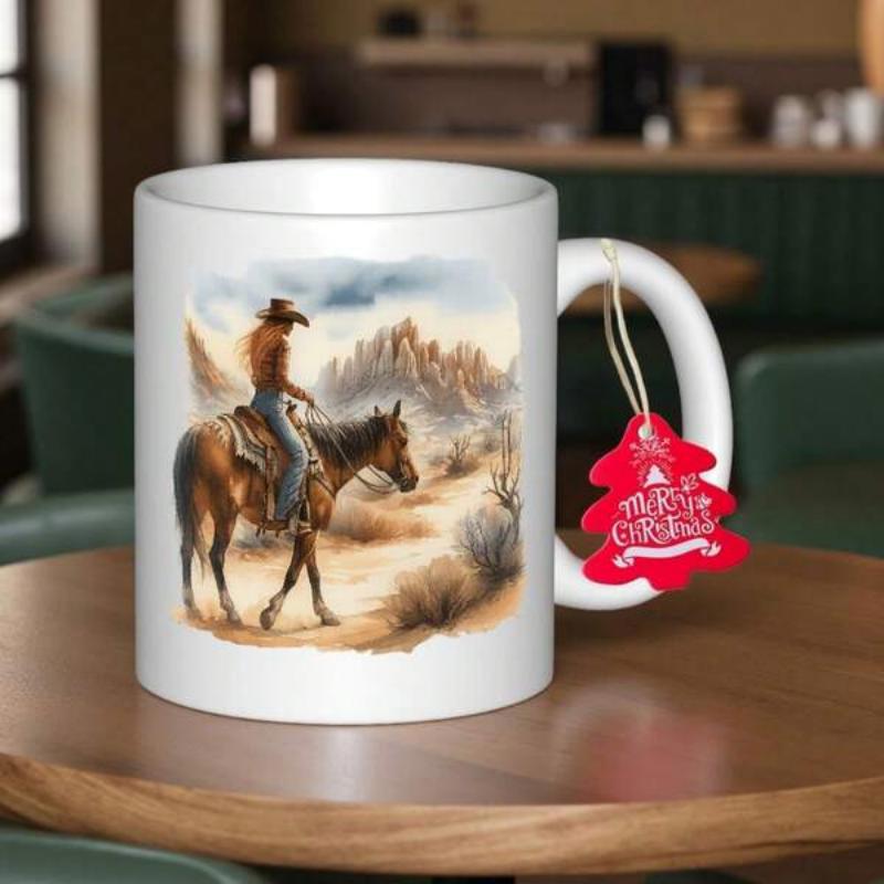 Tailorly White Ceramic 11 oz Mug - Merry Christmas Sunset Desert Scene With Lone Cowboy Riding Across Dusty Plains Horse