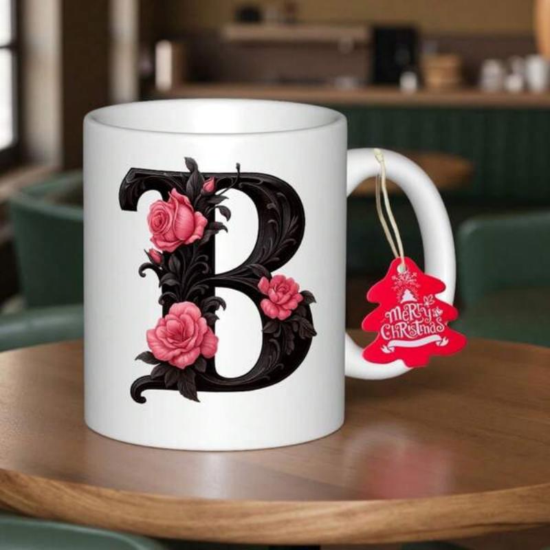 Tailorly White Ceramic 11 oz Mug - B Ornate Black Scrollwork Decorated With Vibrant Pink Blooming Garden Roses Letter B
