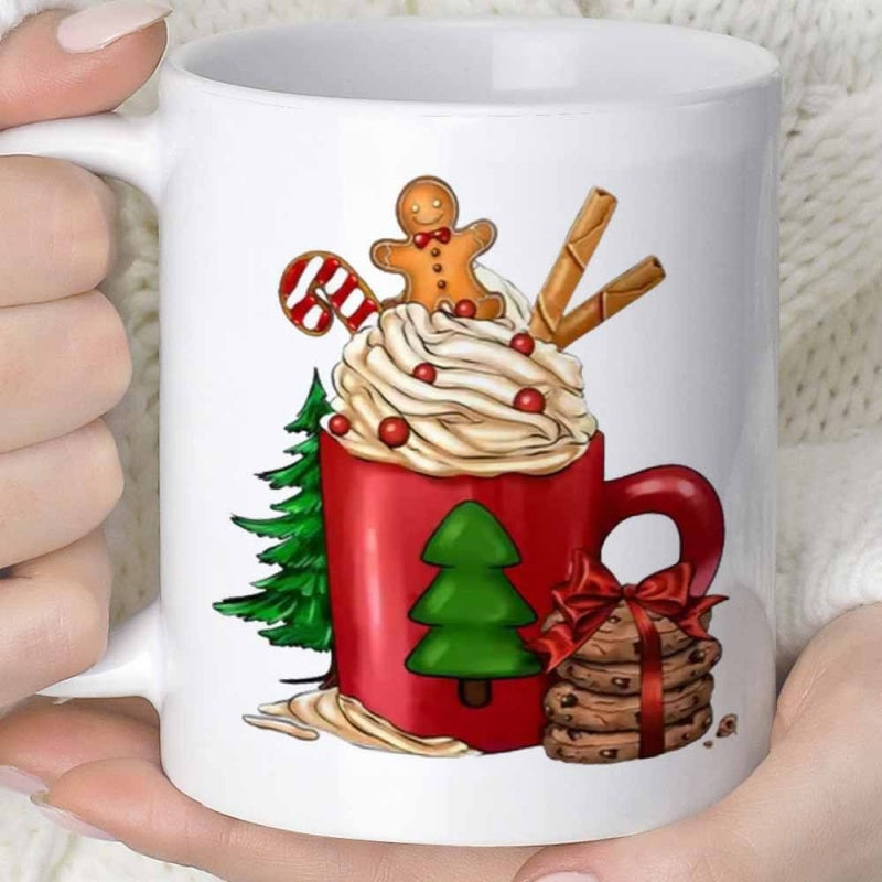 Tailorly White Ceramic 11 oz Mug - Festive Holiday Cocoa Featuring Whipped Cream Gingerbread Man Cookies Tree Drink