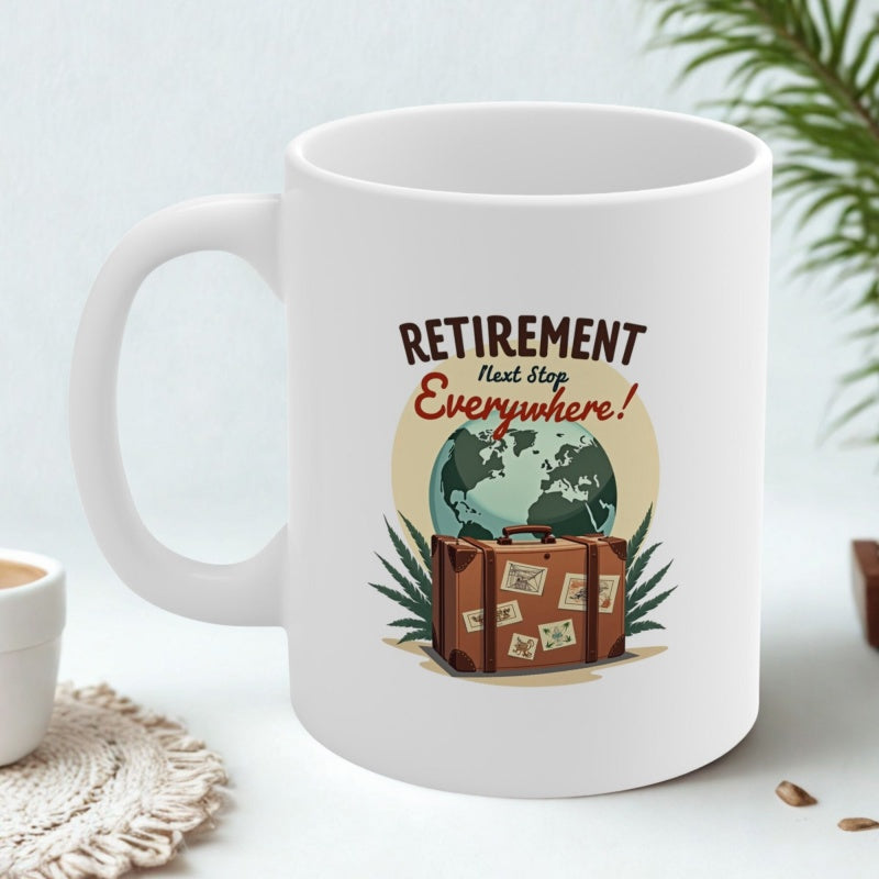 Tailorly White Ceramic 11 oz Mug - Retirement Next Stop Everywhere Vintage Brown Luggage With World Globe And Tropical Green Leaves Suitcase