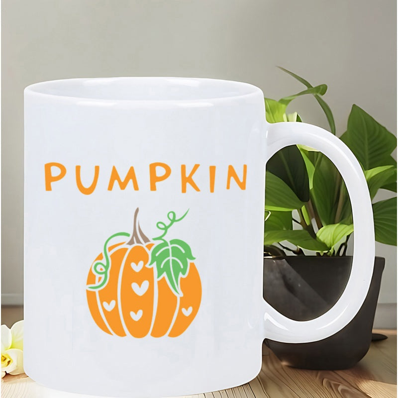 Tailorly White Ceramic 11 oz Mug - Pumpkin Artistic Orange Harvest Fruit With Green Leaves And Delicate Hearts Pumpkin