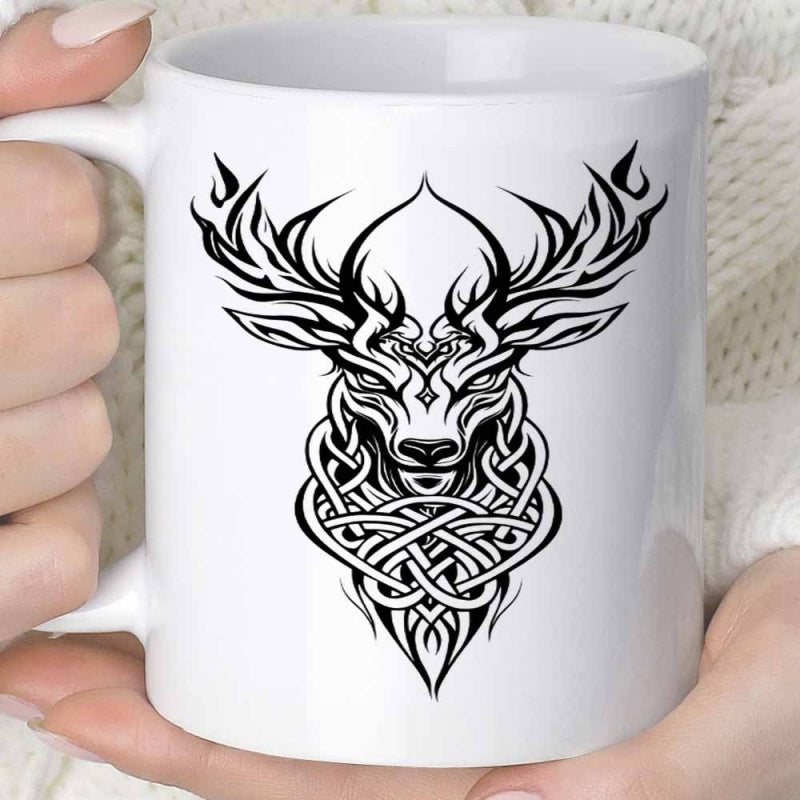 Tailorly White Ceramic 11 oz Mug - Intricate Tribal Stag Head With Majestic Antlers And Celtic Knot Deer