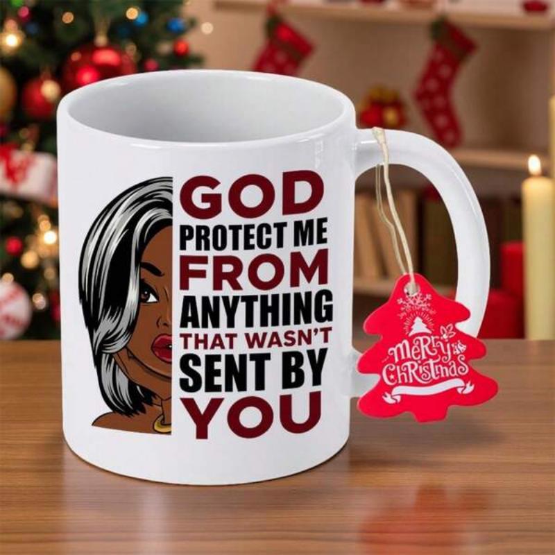 Tailorly White Ceramic 11 oz Mug - God Protect Me From Anything That Wasnt Sent By You Artistic Illustration Featuring Half Face Of A Beautiful Woman With Silver