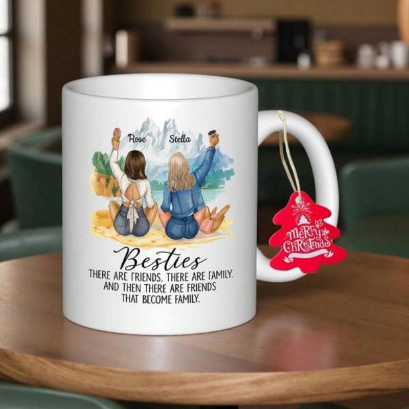 Tailorly White Ceramic 11 oz Mug - Besties There Are Friends There Are Family And Then There Are Friends That Become Family Two Women Sitting On Sandy Beach Under