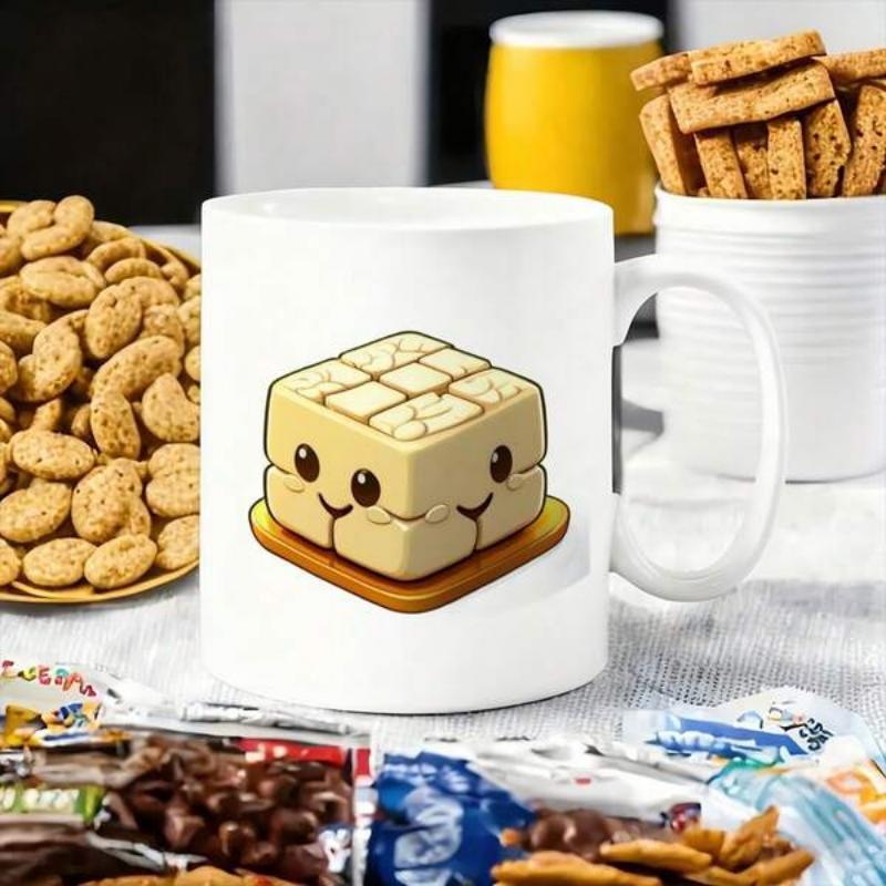 Tailorly White Ceramic 11 oz Mug - Adorable Smiling Kawaii Character Resting On A Small Brown Wooden Plate Waffle