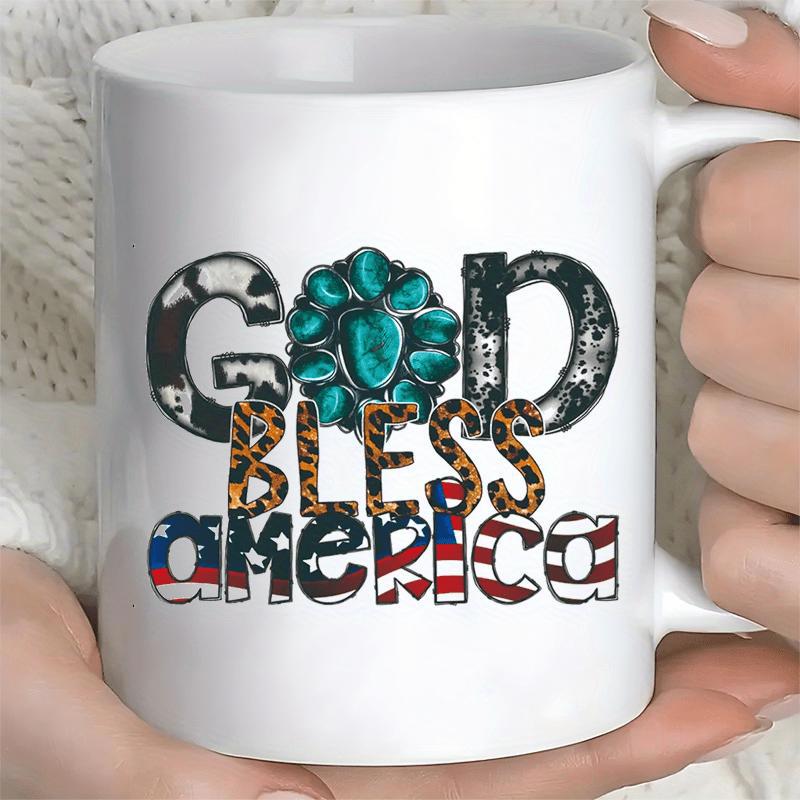 Tailorly White Ceramic 11 oz Mug - God Bless America Western Style Turquoise Gemstone Cow And Leopard Print Patriotic Mug