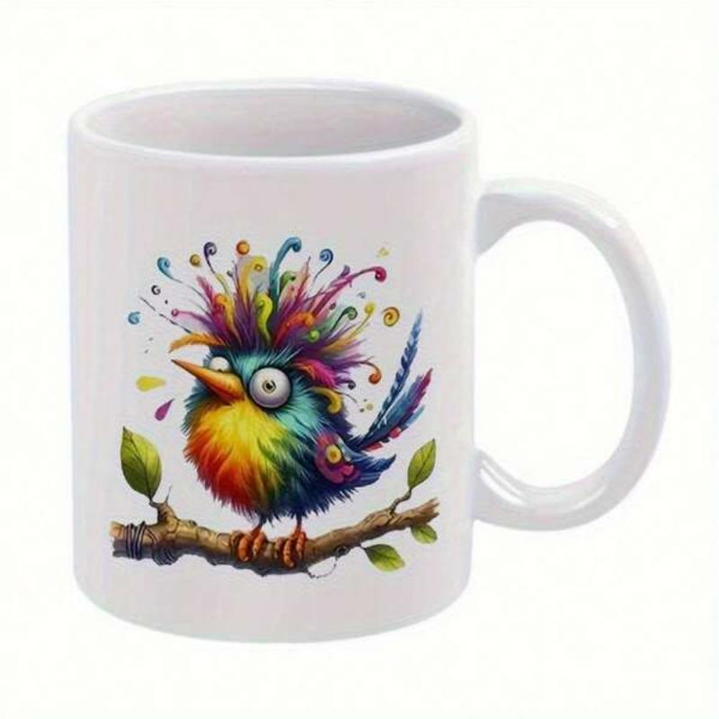 Tailorly White Ceramic 11 oz Mug - Whimsical Colorful Feathers Perching On Branch With Vibrant Rainbow Splatter Bird