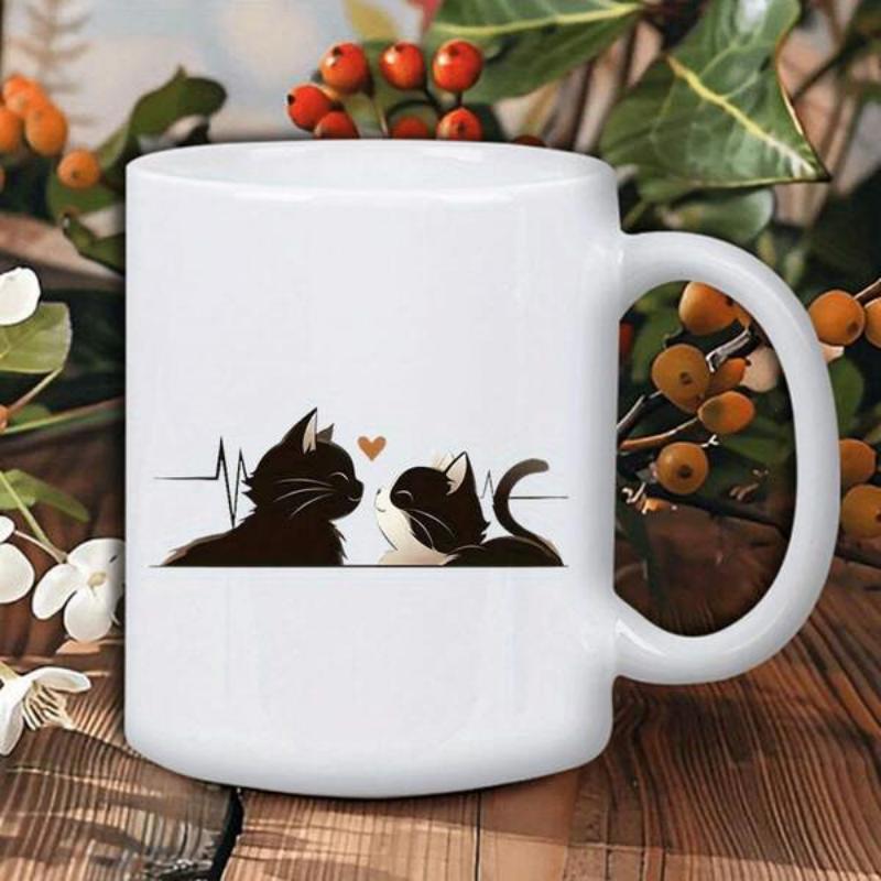Tailorly White Ceramic 11 oz Mug - Minimalist Two Black Felines Facing Each Other Under Floating Heart Love Cat
