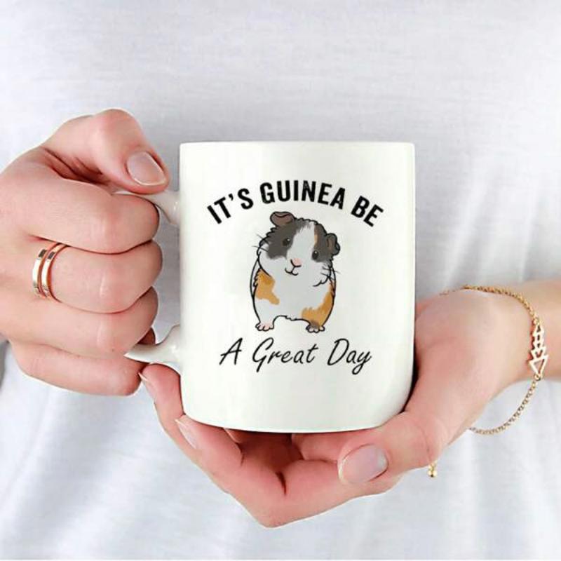 Tailorly White Ceramic 11 oz Mug - Its Guinea Be A Great Day Cute Tricolor Fluffy Pet Standing Alone In Minimalist Style Guinea Pig