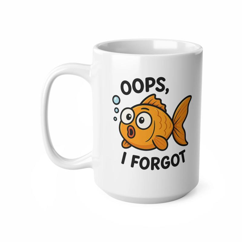 Tailorly White Ceramic 11 oz Mug - Oops I Forgot Orange Cartoon With Large Eyes Blowing Small Bubbles Goldfish