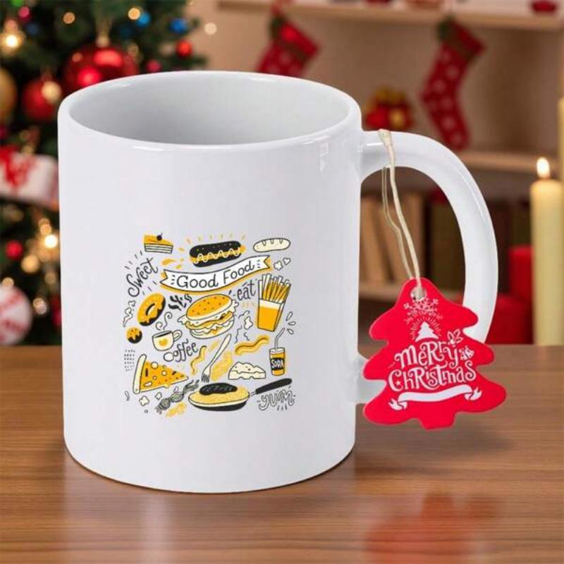 Tailorly White Ceramic 11 oz Mug - Good Food Pizza Coffee Hand Drawn Food Doodles With Pizza And Fries Under Warm Sunlight Mug