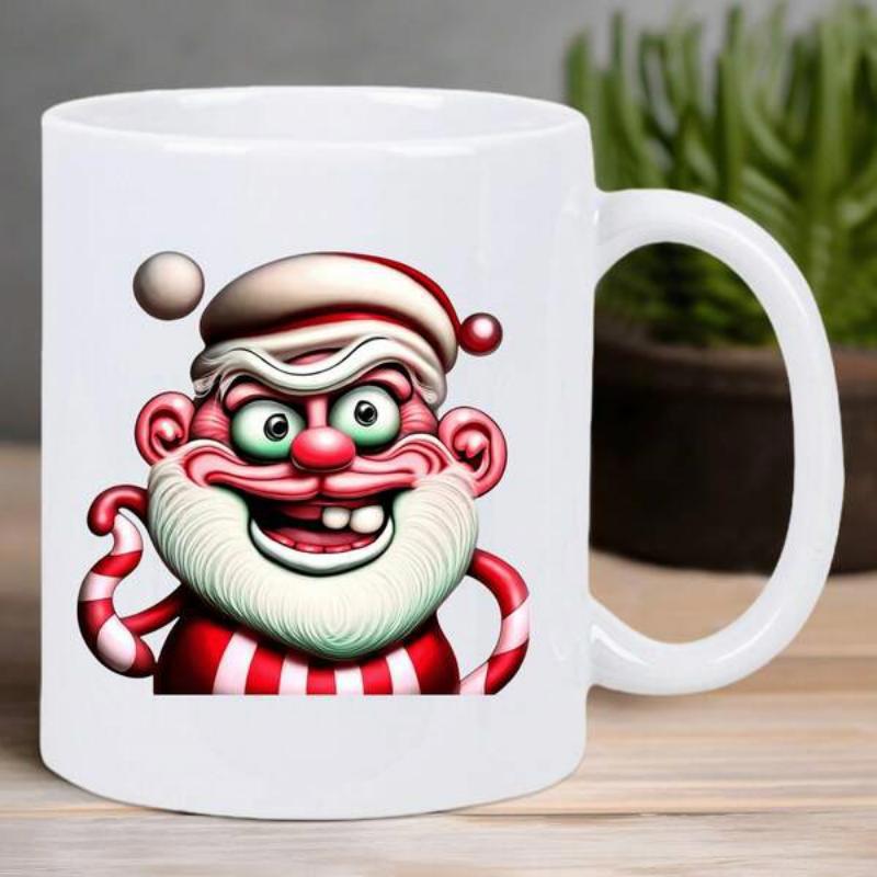Tailorly White Ceramic 11 oz Mug - Quirky Illustrated Style Character Wearing Red Hat Among Candy Cane Stripes Santa