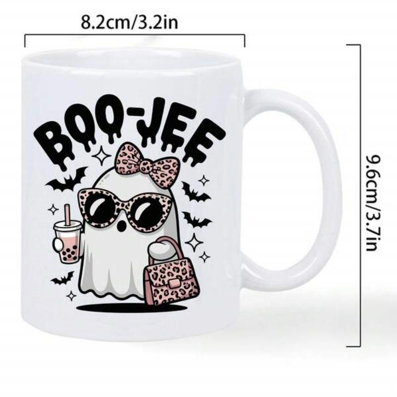Tailorly White Ceramic 11 oz Mug - Boo Jee Cute Halloween Spirit Wearing Leopard Print Accessories And Handbag Ghost