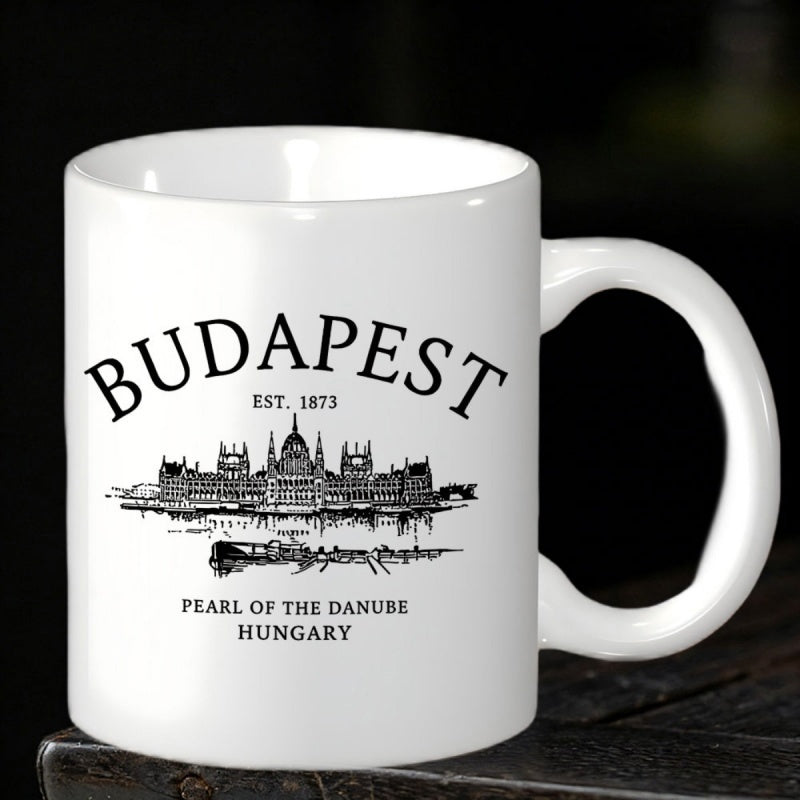 Tailorly White Ceramic 11 oz Mug - Budapest Est 1873 Pearl Of The Danube Hungary Detailed Vintage Architectural Sketch Of Parliament Building By River Bank