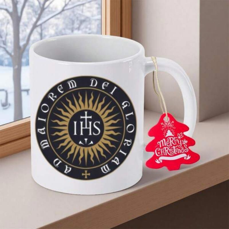 Tailorly White Ceramic 11 oz Mug - Circular Golden Sunburst With Sacred Religious Cross And Latin Inscriptions Emblem