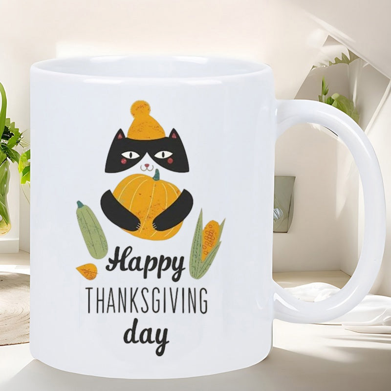 Tailorly White Ceramic 11 oz Mug - Happy Thanksgiving Day Cute Black Feline Wearing Yellow Hat Holding A Large Harvest Pumpkin Cat