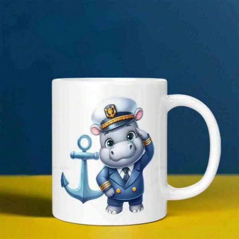 Tailorly White Ceramic 11 oz Mug - Cute Nautical Captain Saluting Proudly Next To A Blue Steel Anchor Hippo