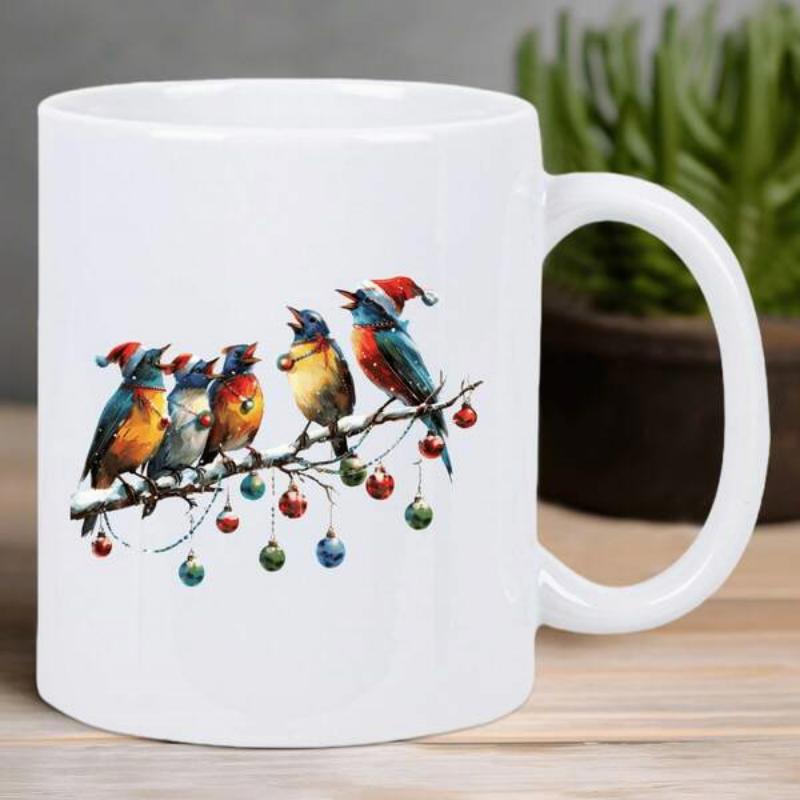Tailorly White Ceramic 11 oz Mug - Colorful Festive Songbirds Perched On Ornamented Winter Branch Wearing Tiny Santa Hats Birds