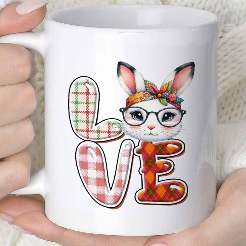 Tailorly White Ceramic 11 oz Mug - Love Adorable Glasses Wearing Bunny Among Plaid Filled Decorative Balloon Letters Rabbit