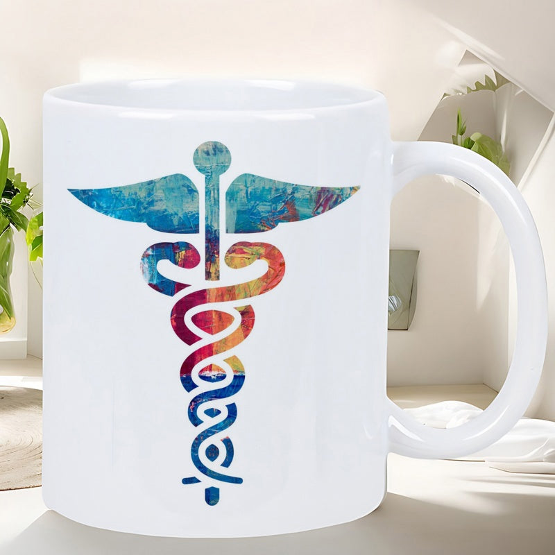 Tailorly White Ceramic 11 oz Mug - Colorful Abstract Watercolor Textures Flowing Over A Medical Winged Symbol Caduceus
