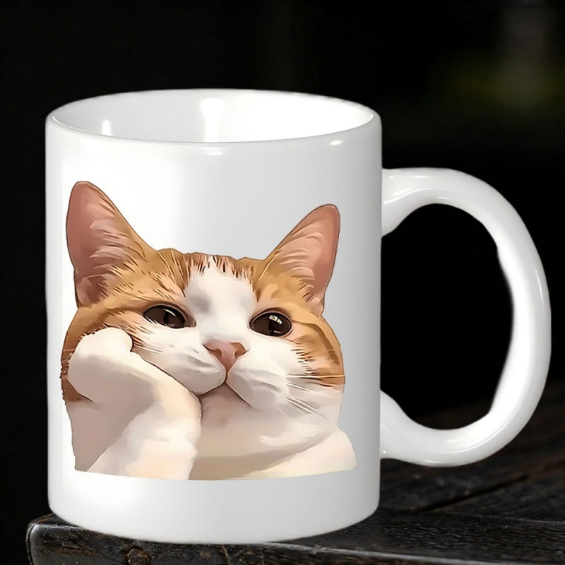 Tailorly White Ceramic 11 oz Mug - Ginger And White Feline Posing With Thoughtful Expression Resting On Paw Cat