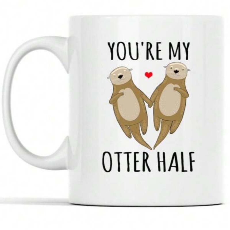 Tailorly White Ceramic 11 oz Mug - Youre My Otter Half Adorable Cartoon Sea Animals Holding Hands With A Small Red Heart Otter