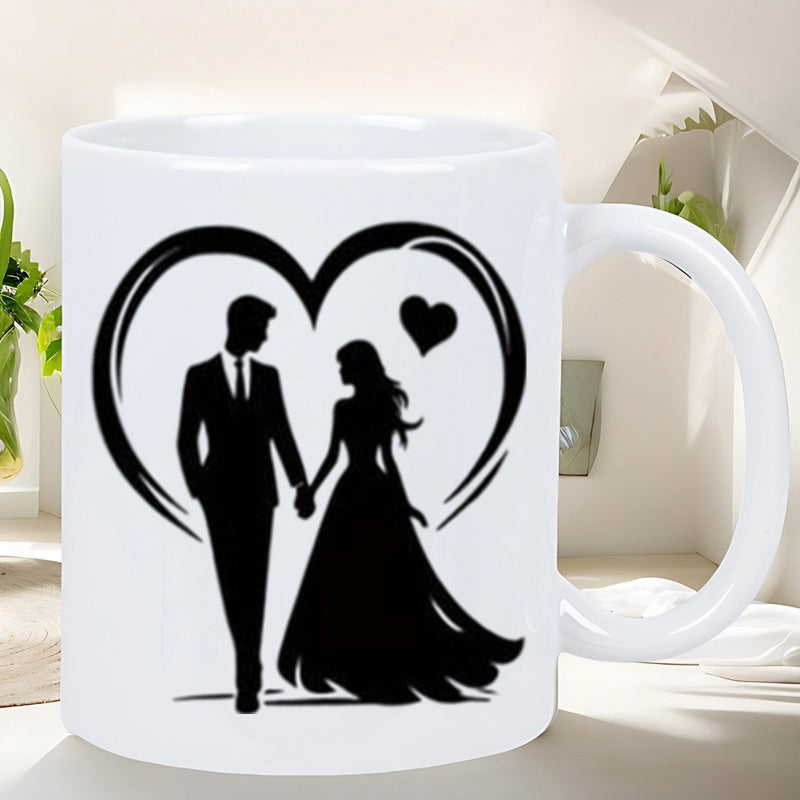 Tailorly White Ceramic 11 oz Mug - Elegant Wedding Silhouette Within Stylized Black Heart Featuring Romantic Groom And Bride Couple