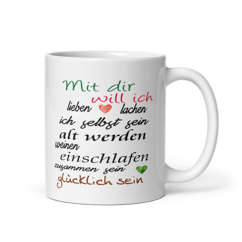 Tailorly White Ceramic 11 oz Mug - Simple White Ceramic With German Romantic Text And Small Hearts Mug