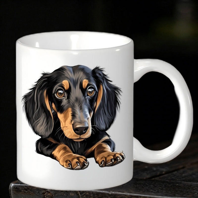 Tailorly White Ceramic 11 oz Mug - Adorable Long Haired Black And Tan Puppy Resting On Paws Dachshund
