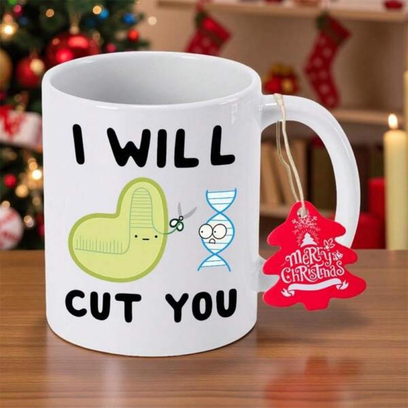 Tailorly White Ceramic 11 oz Mug - I Will Cut You Scientific Biology Pun With Cute Cartoon DNA And Gene Editing Cell