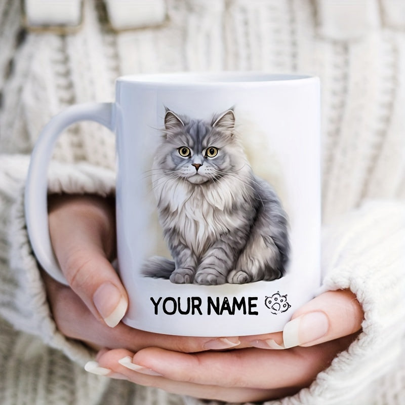 Tailorly White Ceramic 11 oz Mug - Your Name Majestic Fluffy Grey Feline Sitting Calmly With Soft Long Hair Cat