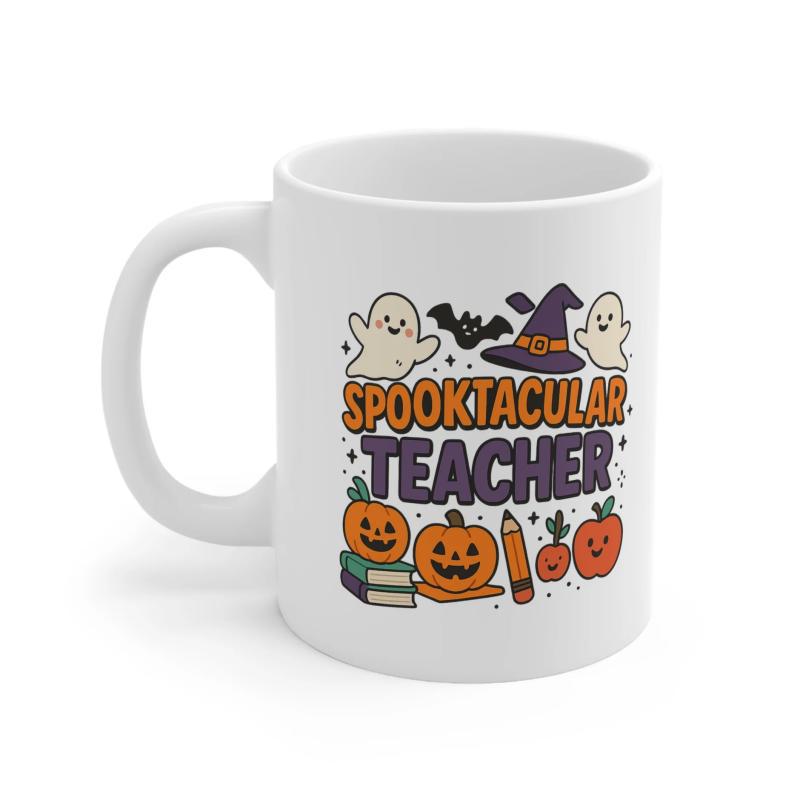 Tailorly White Ceramic 11 oz Mug - Spooktacular Teacher Cute Halloween Ghosts And Pumpkins Among School Books And Pencil Illustration