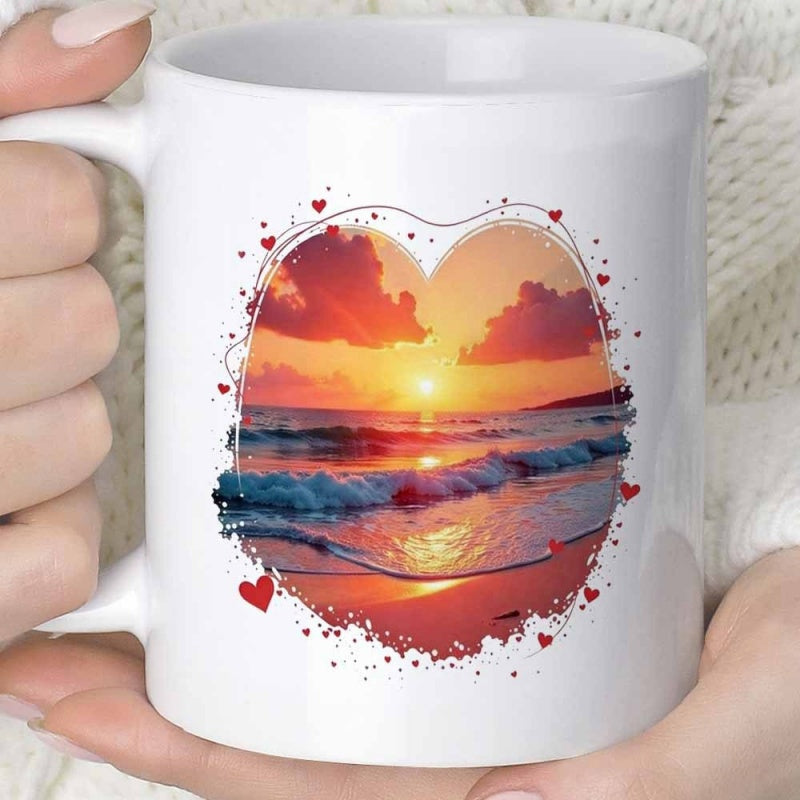 Tailorly White Ceramic 11 oz Mug - Vibrant Twilight Glowing Across Ocean Waves Within Heart Shaped Frame Sunset