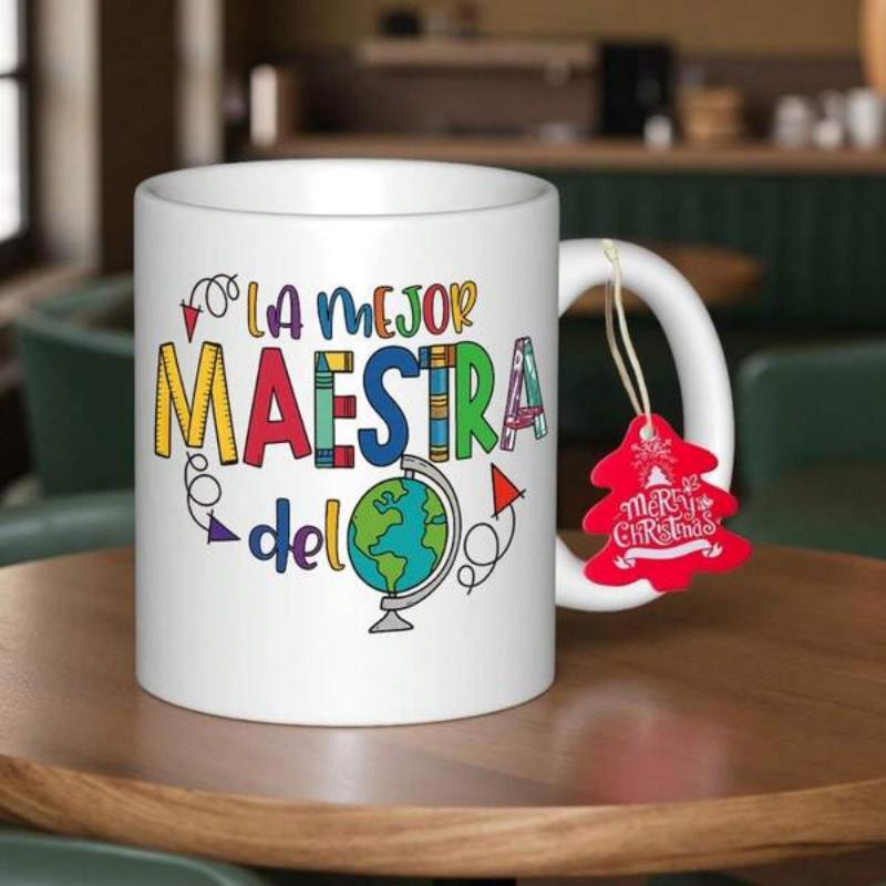 Tailorly White Ceramic 11 oz Mug - Vibrant Patterned Letters With Playful Swirls Surrounding A Colorful Centered Globe