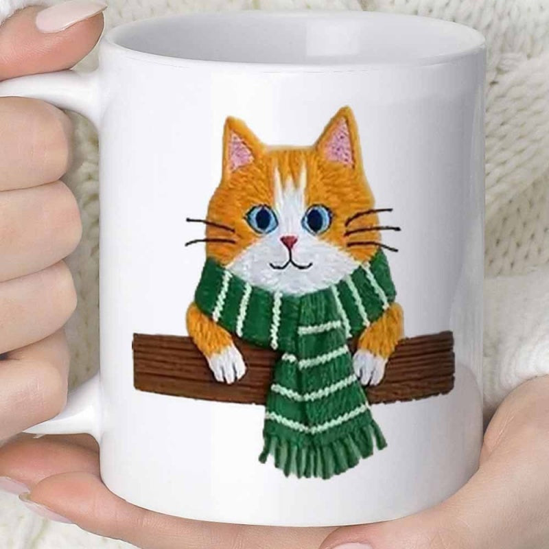 Tailorly White Ceramic 11 oz Mug - Cute Orange Tabby With Green Striped Scarf Resting On Wooden Ledge Cat