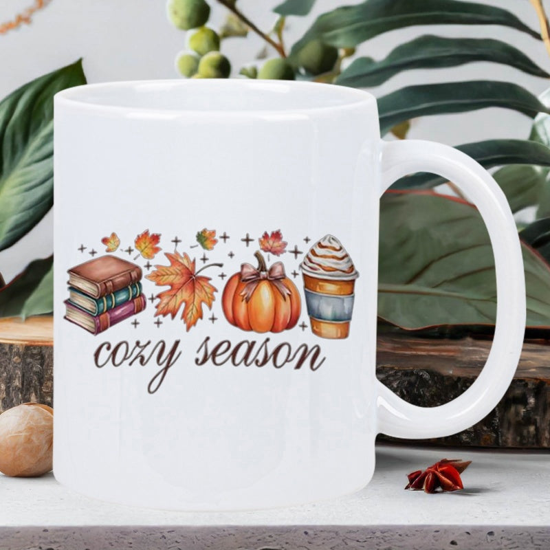 Tailorly White Ceramic 11 oz Mug - Cozy Season Stacked Vintage Books Autumn Maple Leaves With Festive Pumpkin Coffee Cup