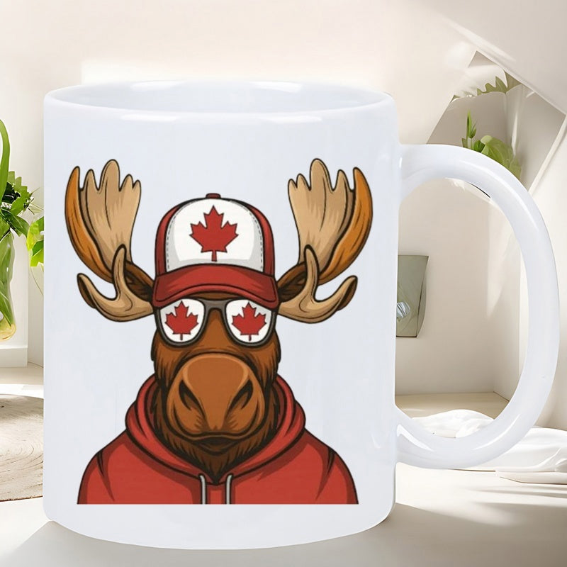 Tailorly White Ceramic 11 oz Mug - Cartoon Animal Wearing Red Hoodie With Maple Leaf Sunglasses And Hat Moose