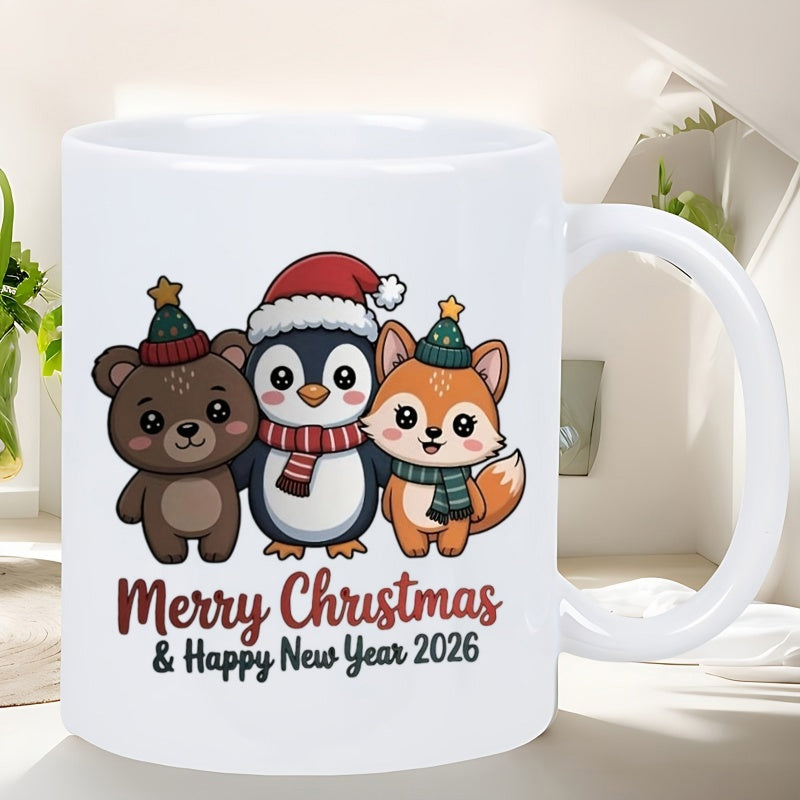 Tailorly White Ceramic 11 oz Mug - Merry Christmas Happy New Year 2026 Cute Cartoon Forest Friends Wearing Festive Winter Hats And Warm Scarves Together Animals