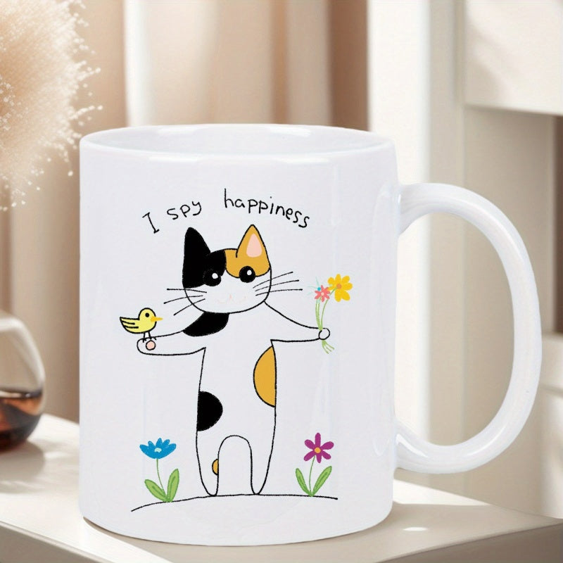 Tailorly White Ceramic 11 oz Mug - I Spy Happiness Whimsical Hand Drawn Calico Cat Holding Flowers With Little Bird Cat