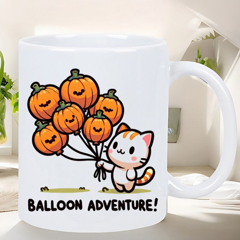 Tailorly White Ceramic 11 oz Mug - Balloon Adventure Cute Striped Kitty Holding A Bunch Of Smiling Orange Pumpkin Balloons Cat