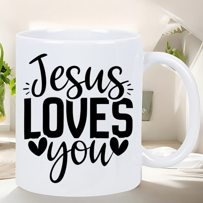 Tailorly White Ceramic 11 oz Mug - Jesus Loves You Elegant Cursive Script Typography Surrounded By Two Minimalist Solid Heart