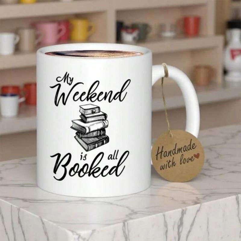Tailorly White Ceramic 11 oz Mug - My Weekend Is All Booked Hand Drawn Stack Of Literary Novels In Monochrome Ink Book