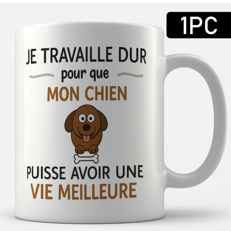 Tailorly White Ceramic 11 oz Mug - Cute Brown Puppy Resting Comfortably Atop A Simple White Bone Dog