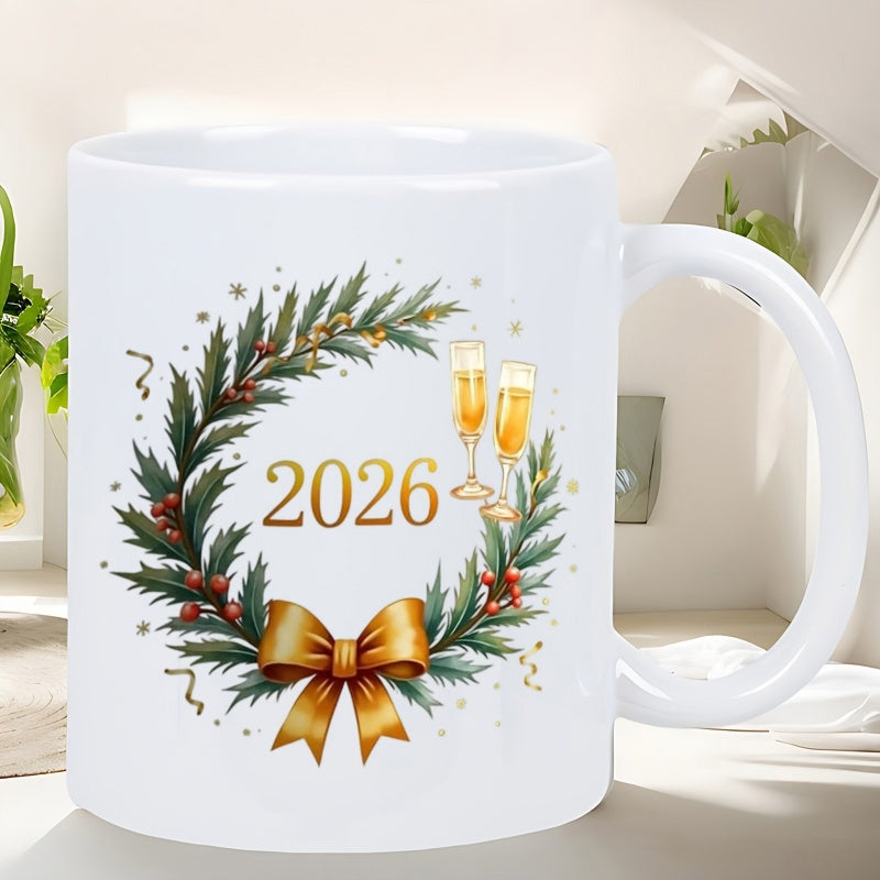 Tailorly White Ceramic 11 oz Mug - 2026 Elegant Evergreen Branch Circle With Champagne Glasses And Golden Ribbon Wreath