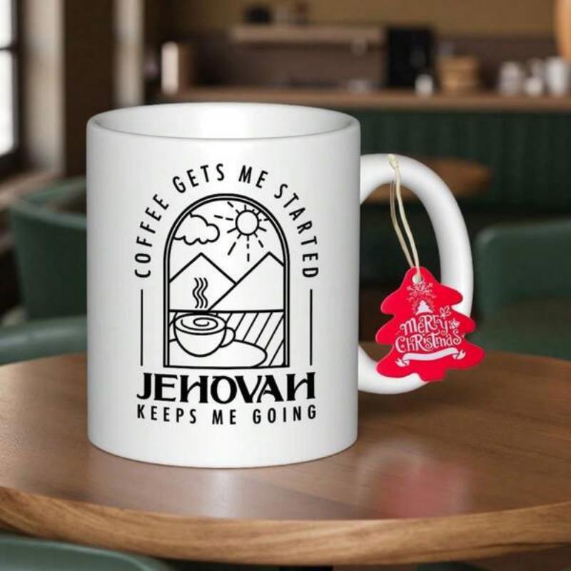 Tailorly White Ceramic 11 oz Mug - Coffee Gets Me Started Jehovah Keeps Me Going Minimalist Line Art Style Scenic Mountains Under Shining Sun And Steaming Coffee