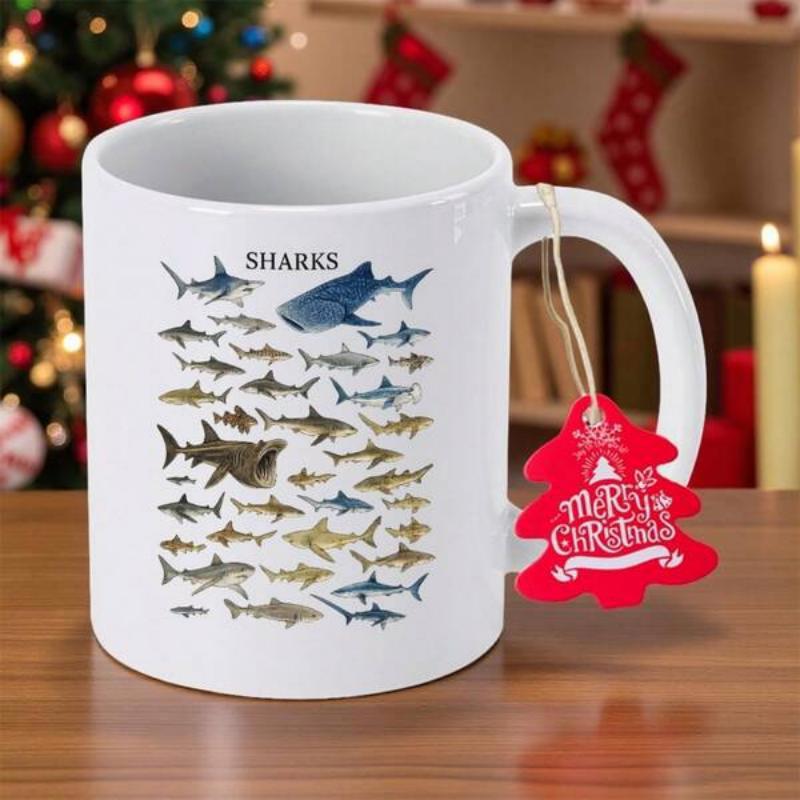 Tailorly White Ceramic 11 oz Mug - Sharks Educational Diagram Featuring Numerous Detailed Marine Species From The Deep Ocean Shark