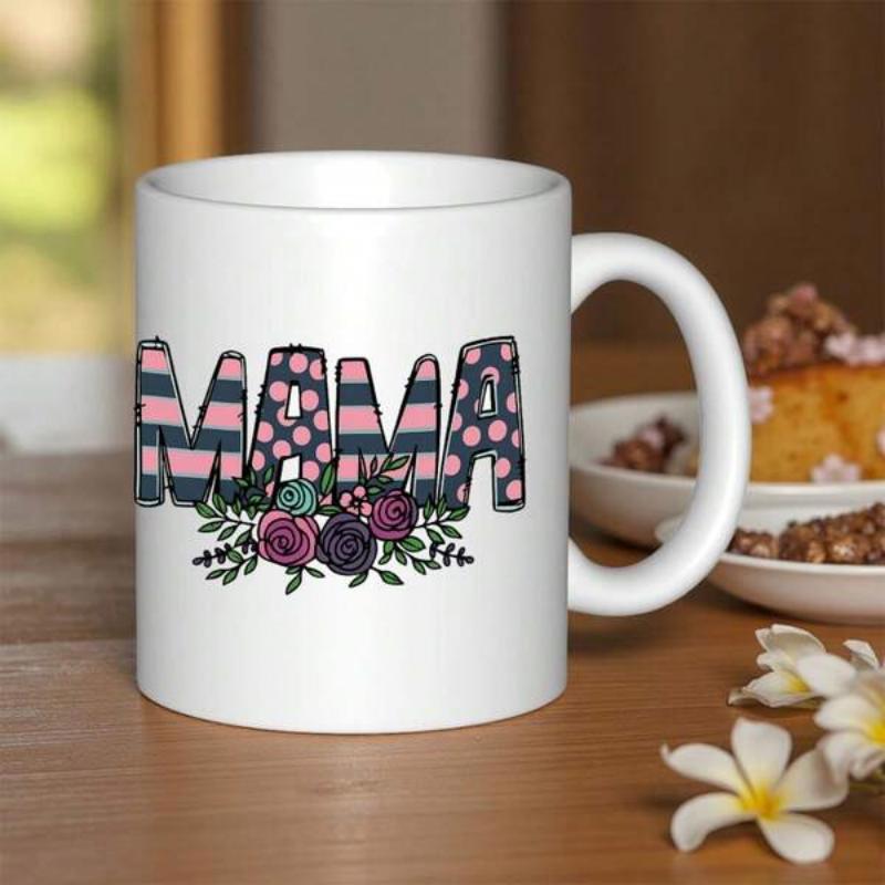 Tailorly White Ceramic 11 oz Mug - Mama Vibrant Floral Bouquet Arranged Beneath Striped And Polka Dot Patterned Mug