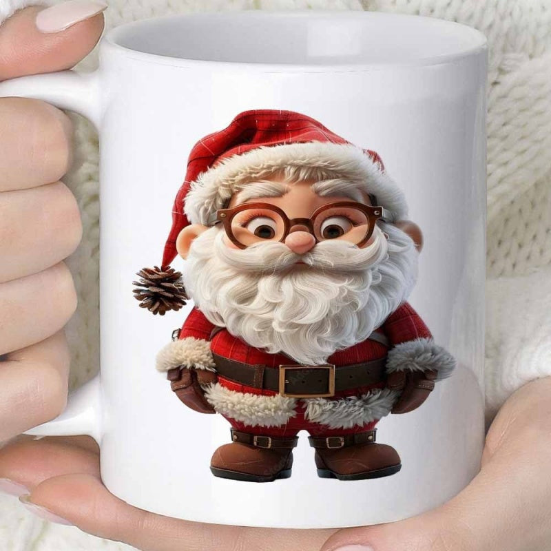 Tailorly White Ceramic 11 oz Mug - Charming Tiny 3D Animation Style Wearing Glasses And Traditional Red Suit Santa Claus
