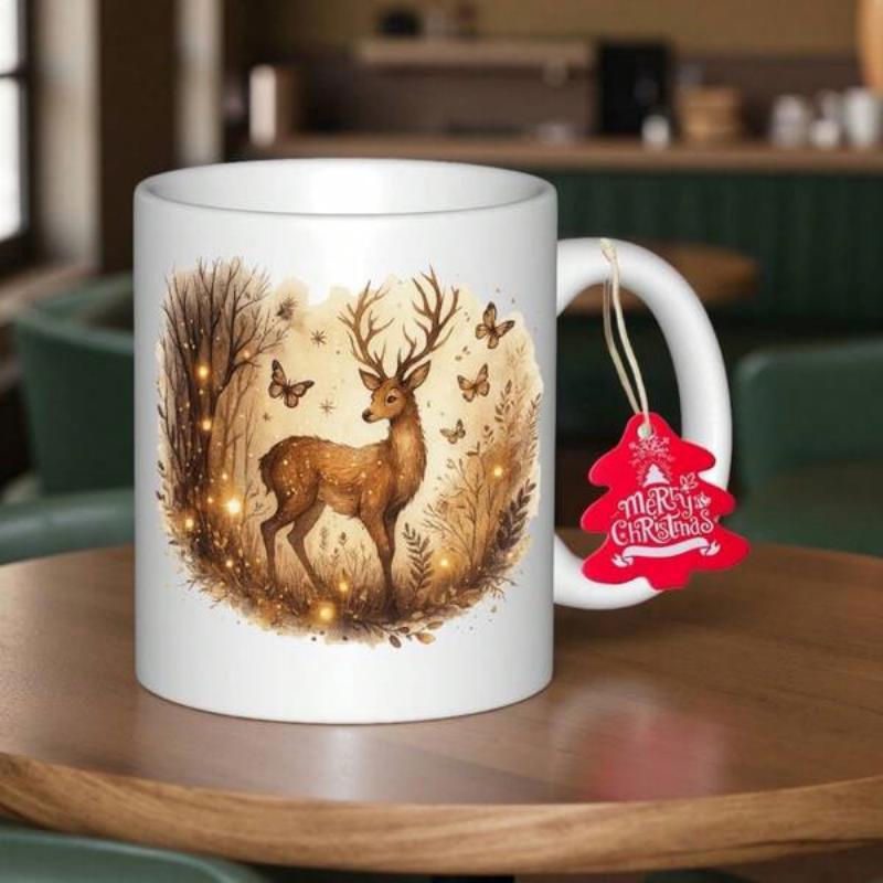 Tailorly White Ceramic 11 oz Mug - Merry Christmas Majestic Stag Standing Within Enchanted Forest Surrounded By Butterflies And Glowing Lights Deer