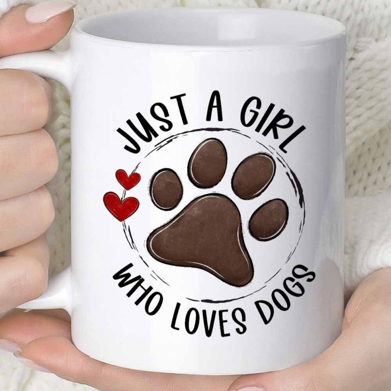 Tailorly White Ceramic 11 oz Mug - Just A Girl Who Loves Dogs Brown Paw Print Inside Sketchy Circular Border With Cute Red Hearts Paw